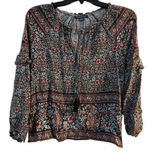 AE American Eagle Green Floral Boho Cottagecore Ruffle tassels Blouse Size S